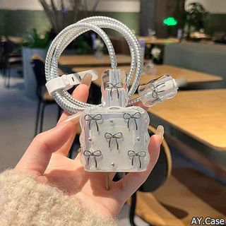 🚚COD🚚น่ารัก 3D Clear Bowknot ใหม่อีพ็อกซี่สาย USB Protector สําหรับ iPhone 18W/20W ข้อมูลสายกัดหัวสายไฟ Fast ชาร์จกรณี