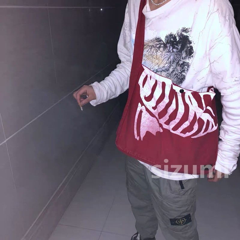 Kapital White Bone Print Washed Distressed Canvas Bag Messenger Bag Spring Summer New Style Men Wome