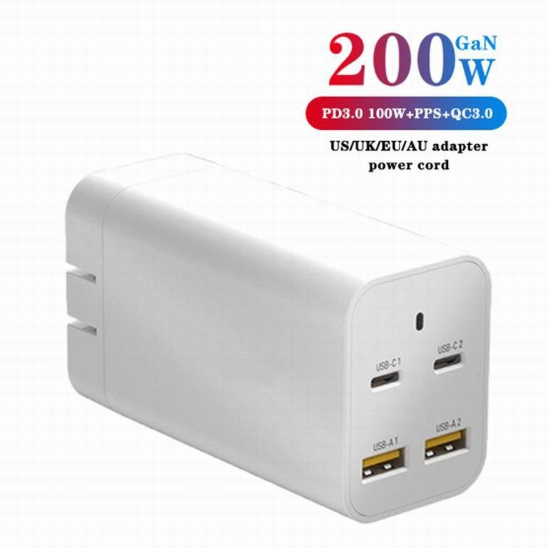 PD100W Charger PD3.0 Gallium Nitride Charger เอาต์พุตพร้อมกัน 200W พร้อมหัวแปลงภาษาอังกฤษออสเตรเลียย
