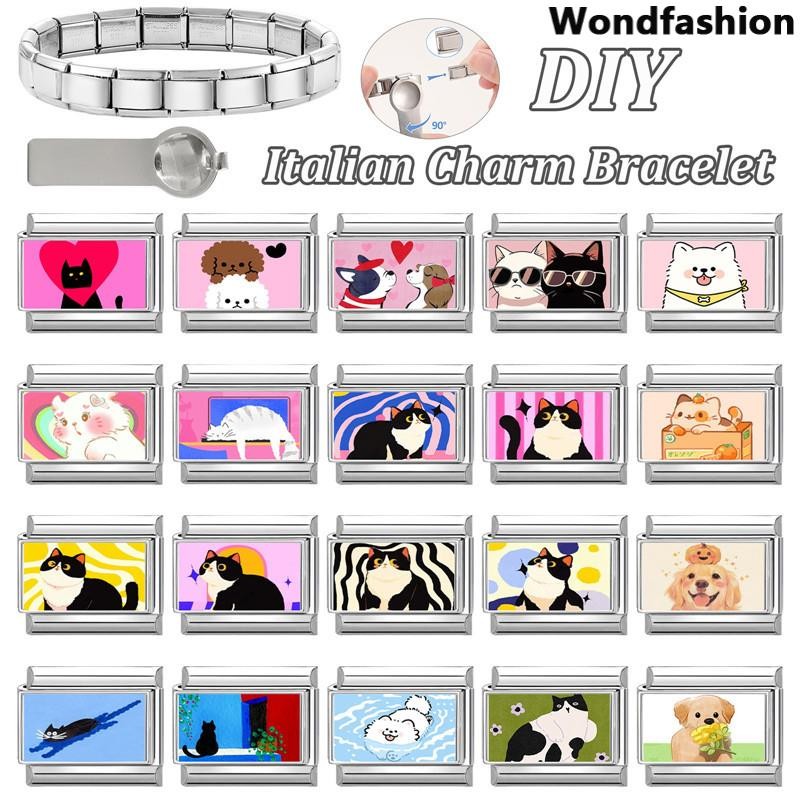 สร้อยข้อมือสแตนเลสสไตล์อิตาเลียน ขนาด 9 มม. พร้อมcharmของแมวและแว่นตากันแดด