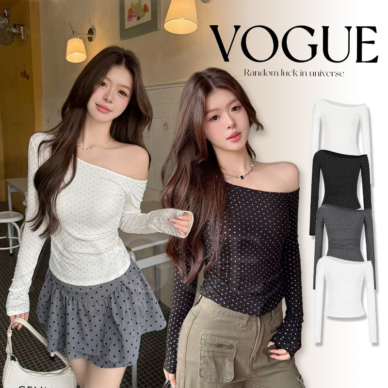 Vogue🌟พร้อมส่ง🌟 เสื้อเปิดไหล่แขนยาว ทรงรัดรูปสีพื้น ใส่สบายมาก (FY2318)