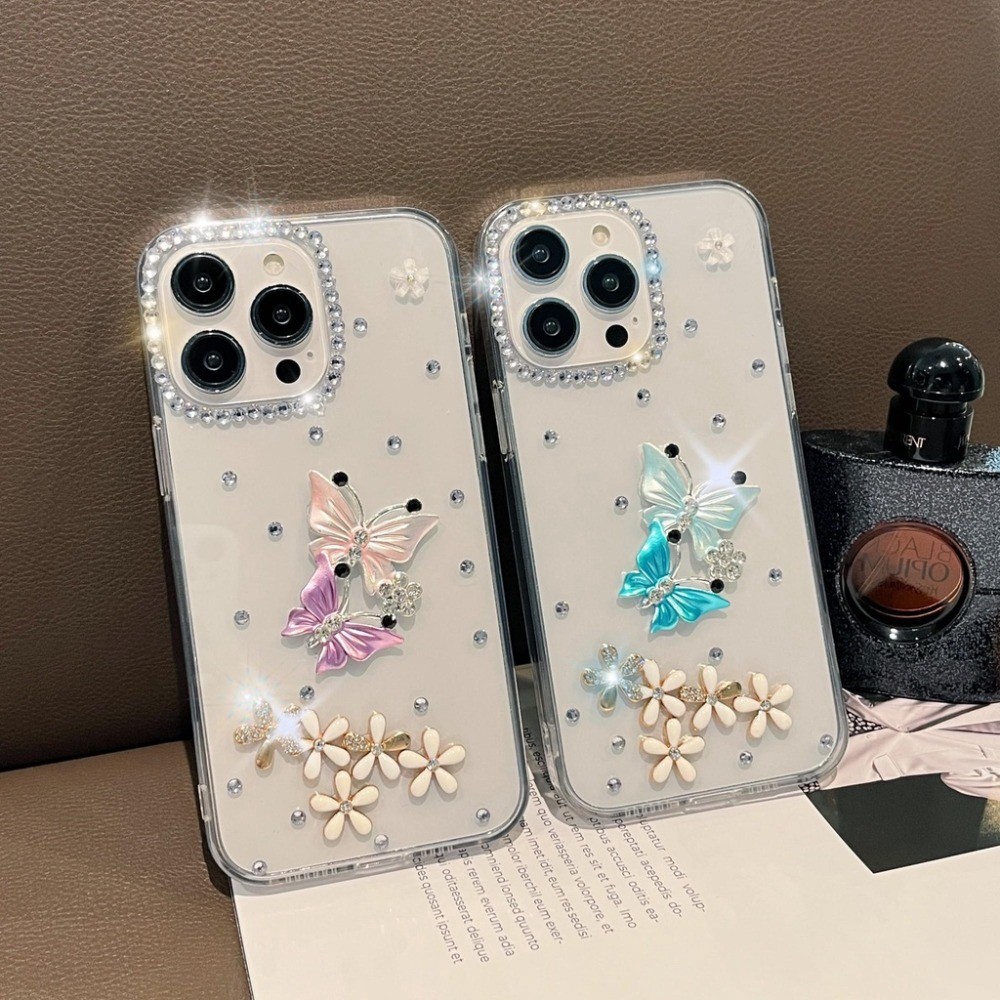 Rhinestone ผีเสื้อเคสโทรศัพท์สําหรับ IPhone 17 PRO MAX 14 15 16 Plus เพชรเงาสําหรับ IP 11 12 13 PRO 