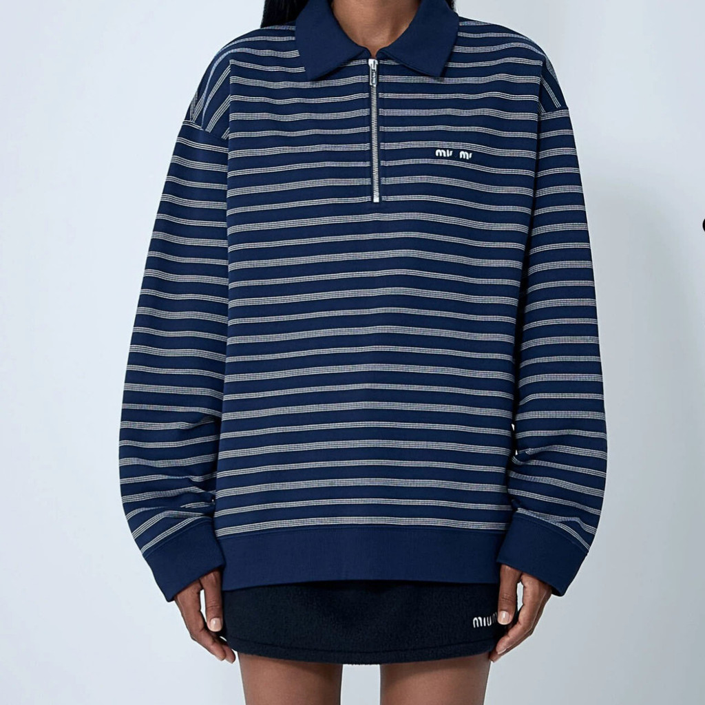 M8TV MI*U 2025Autumn New Striped Half-Zip Loose Simple Long Sleeve Knitted Sweater Top