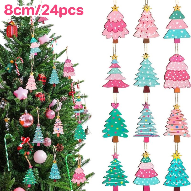🎄เครื่องประดับต้นคริสต์มาส ไม้ 8cm 24pcs การออกแบบต้นคริสต์มาส สีสดใส่สรรพสิ่ง การตกแต่งคริสต์มาส