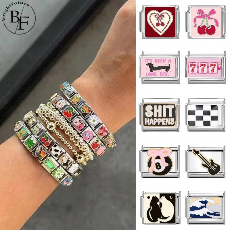 สร้อยข้อมือ charm ดอกไม้เชอร์รี่สไตล์อิตาเลียน สแตนเลส เหมาะสำหรับทำเอง (DIY) และดีไซน์เรโทร