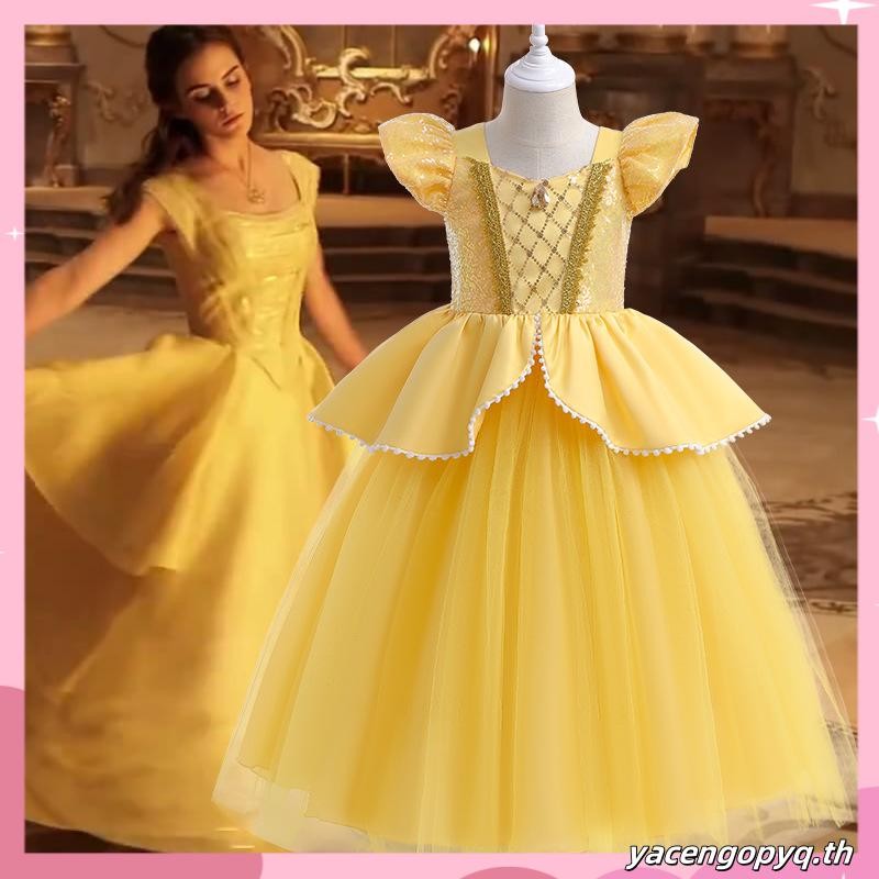 Mqatz ชุดเดรสคอสเพลย์เจ้าหญิง สีเหลือง สําหรับเด็กผู้หญิง ASMR055