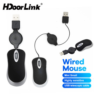 HdoorLink Mini USB Mouse 1200DPI เมาส์คอมพิวเตอร์แบบมีสายสําหรับแล็ปท็อปเดสก์ท็อป Ergonomic Scroll Wheel 3D Design Retractable Cord
