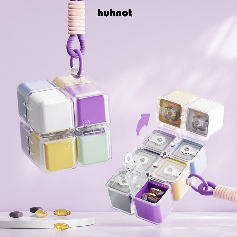 HUHNOT Magic Cube กล่องยา, ปิดผนึก 8 กริด Seven วัน Pill , แบบพกพาพร้อม Lanyard Magnetic Moisture-Proof Pill Organizer สําหรับ Home & Travel