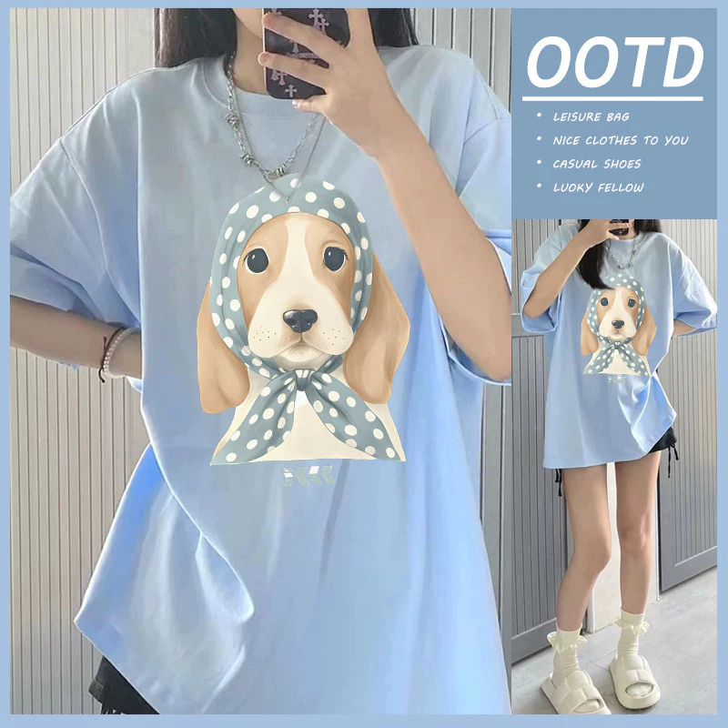 เสื้อยืด oversize unisex สตรีทแฟชั่น โคตรนุ่ม เสื้อ cotton 100% ไม่หดตัวลาย เสื้อไม่ยับลาย "Blue bandana dog"