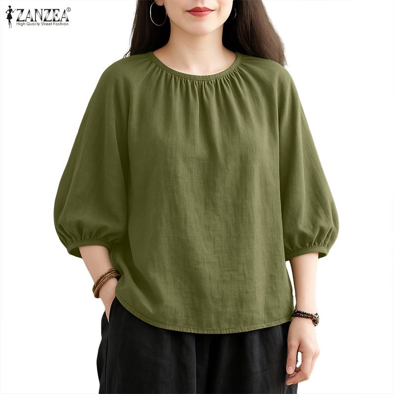 ZANZEA ซานเซีย เสื้อเชิ๊ตสำหรับผู้หญิง สไตล์เกาหลี คอวกลม แขนสั้น 3/4 สีทึบ