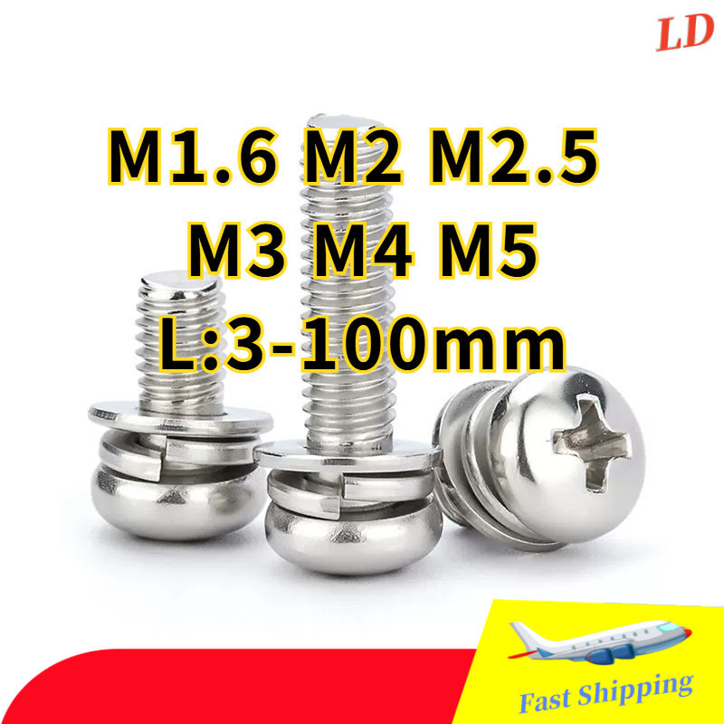 น็อต สกรู หัวกลม แฉก สวมแหวน อีแปะ+สปริง สเตนเลส 304 เกลียวมิล หยาบ  / Pan Head SEM SUS M1.6/M2/M2.5/M3/M4/M5 * L = 3-100MM (ZHX-LD-TH-1)