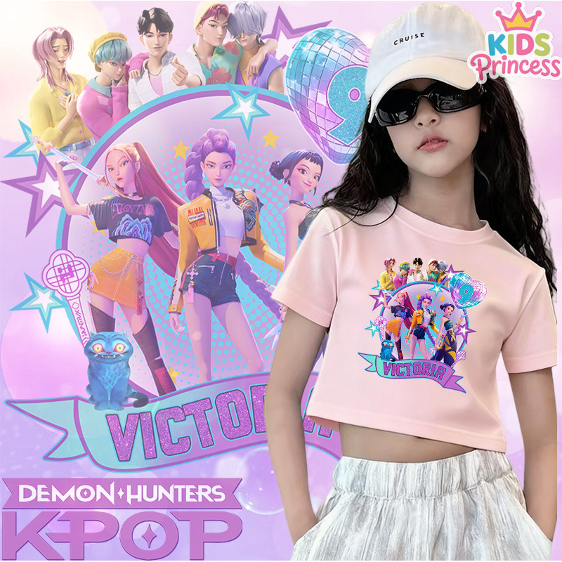 COD(จัดส่งตลอด 24 ชั่วโมง) Kpop Demon Hunters เด็กหญิงแขนสั้นเสื้อยืด 100% Cotton พิมพ์เสื้อยืด A265