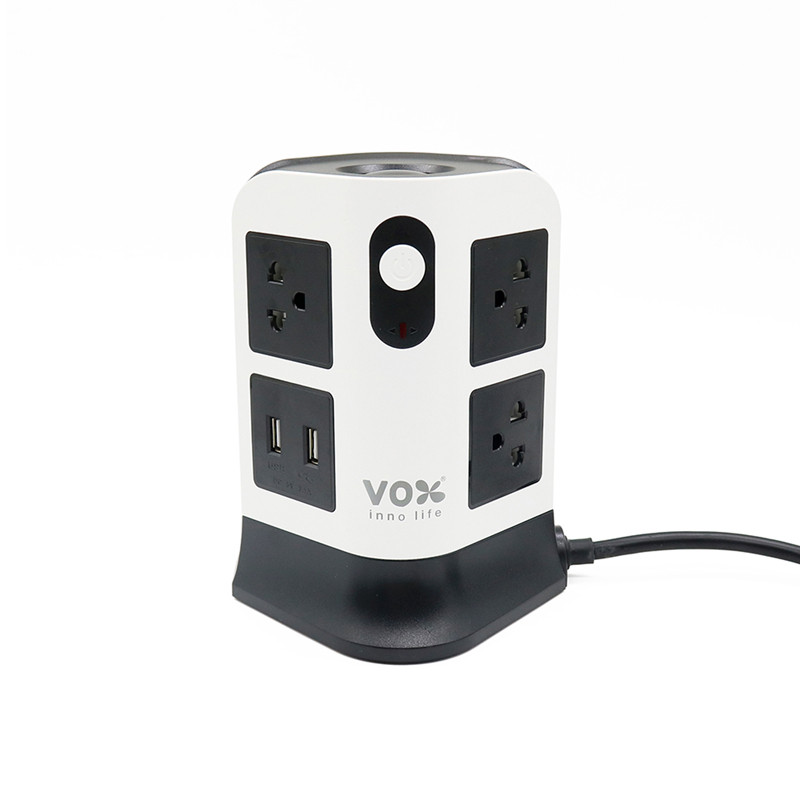 VOX ปลั๊กไฟทาวเวอร์ 2 ชั้น 2 สวิตช์ 7 ช่อง 2 USB รุ่น Nova Tower F5ST3-VS1-T7221 สีขาว-ดำ