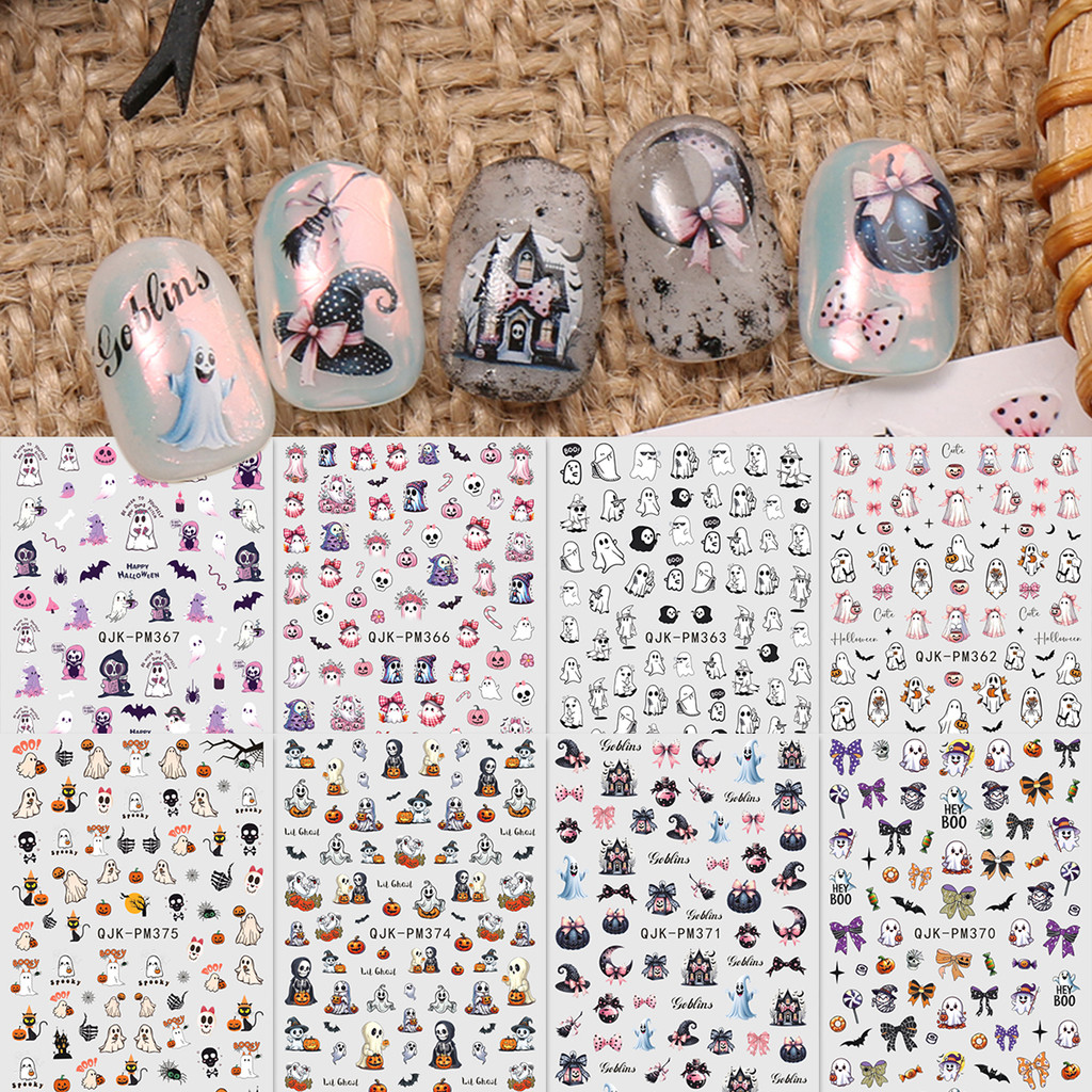 HAMA NAIL สติ๊กเกอร์ติดเล็บขายส่งน่ารักการ์ตูนฮาโลวีน Little Ghost ฟักทองภาษาฝรั่งเศสคําตกแต่งเล็บสติกเกอร์ Decals Holiday Nail Art