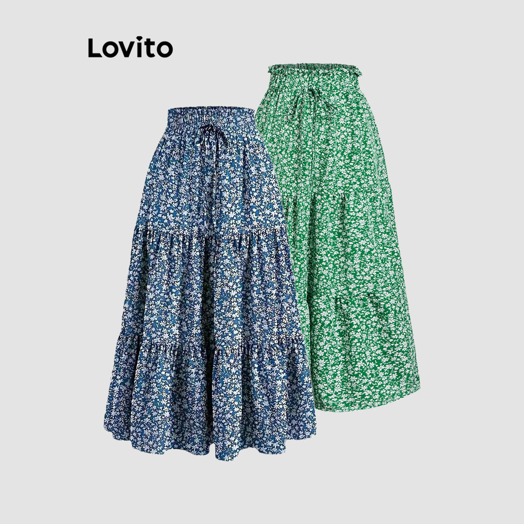 Lovito โบฮีเมียนกระโปรง ลายเดซี่ดอกไม้ ลายไหลระบายผูกเชือกกระโปรงสําหรับผู้หญิง LNL70316 (หลากสี)