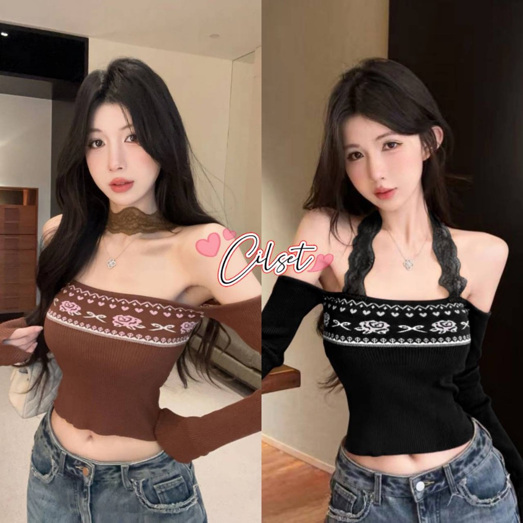 Cilset🛒พร้อมส่ง🎀 เสื้อไหมพรมเปิดไหล่มินิมอล แขนยาว สไตล์โบฮีเมี่ยน สีพื้นยืดพอดีตัว 31122