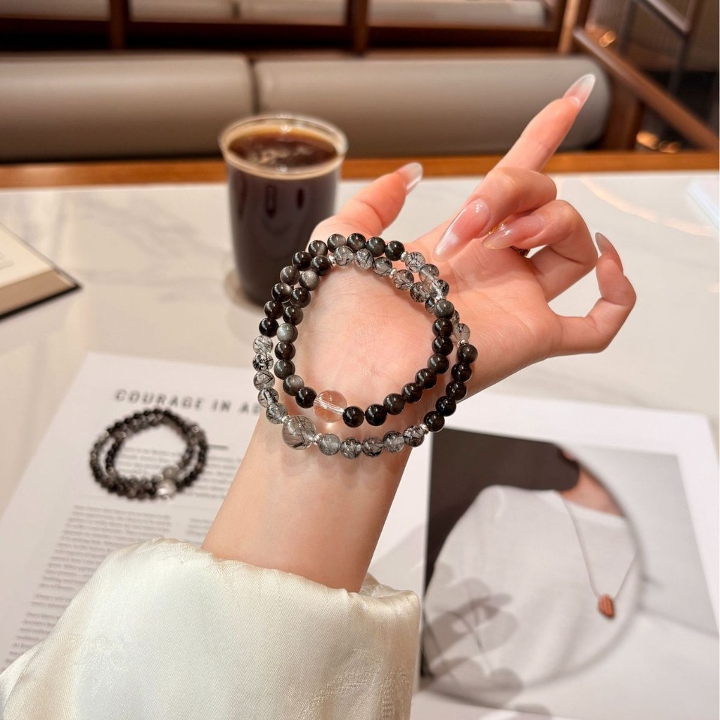 สร้อยข้อมือสองรอบ ออบซิเดียนราตรี 6mm คริสตัลขาว ออบซิเดียนดำ ควอตซ์ดำย้อมผม คุ้มครอง ป้องกันคนปองร้าย ดูดซับลบ ขยายพลัง หินแท้ ของขวัญผู้ชาย ชายหญิง สร้อยข้อมือผู้ชาย