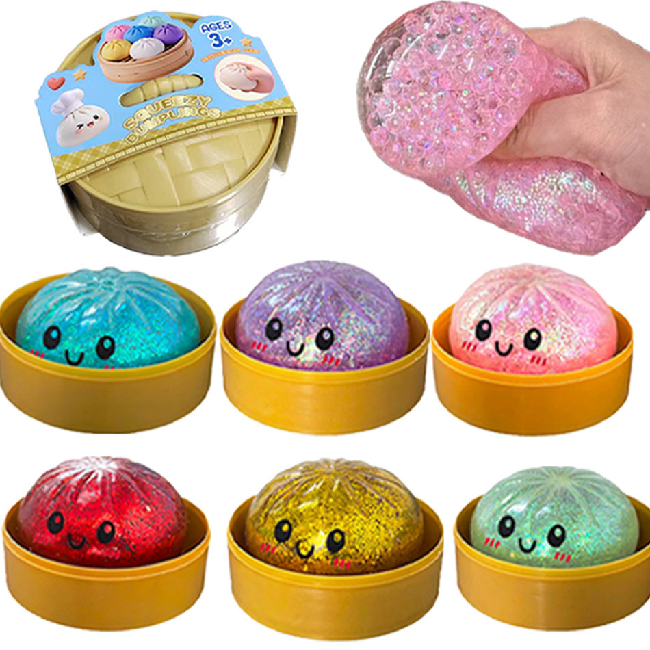 สีสัน Dumpling Squishes ความเครียดลูก Fidget Sensory ของเล่นจําลองอาหาร Squishies Bun พร้อม Steamer บีบ Dough Ball ของขวัญ