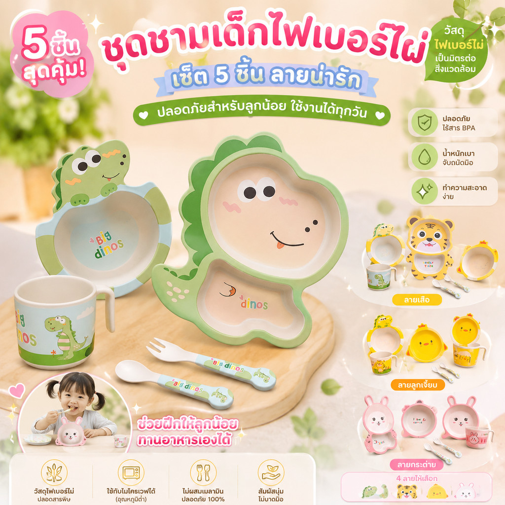 COD ชุดจานข้าวเด็ก ชุดจานเยื่อไผ่ 5PCS ไร้สาร BPA วัสดุปลอดภัย
