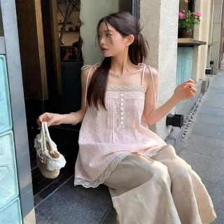 ZIRA พร้อมส่ง🍒 เสื้อกล้าม ลูกไม้ขอบ ลูกปักลูกไม้ ปุ่มหัวใจ ใส่เดี่ยว ผ้าอ่อนนุ่ม ปกปิดพุง สไตล์น่ารักหวาน อ่อนโยน