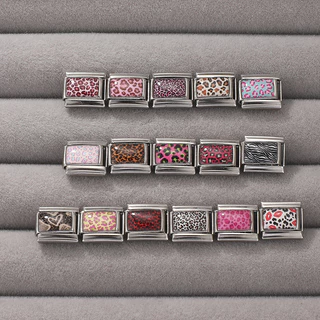 สีสันเสือดาวพิมพ์อิตาเลี่ยน Charm Modular สร้อยข้อมือไทเทเนียมเหล็กปั๊มคู่ DIY สร้อยข้อมืออุปกรณ์เสริม