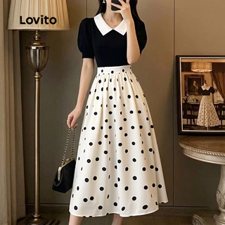 (New Arrival) Lovito เดรสผู้หญิงสีตัดกันดีไซน์พลีตสุดหรู เหมาะสําหรับฤดูใบไม้ผลิและฤดูร้อน L195ED161