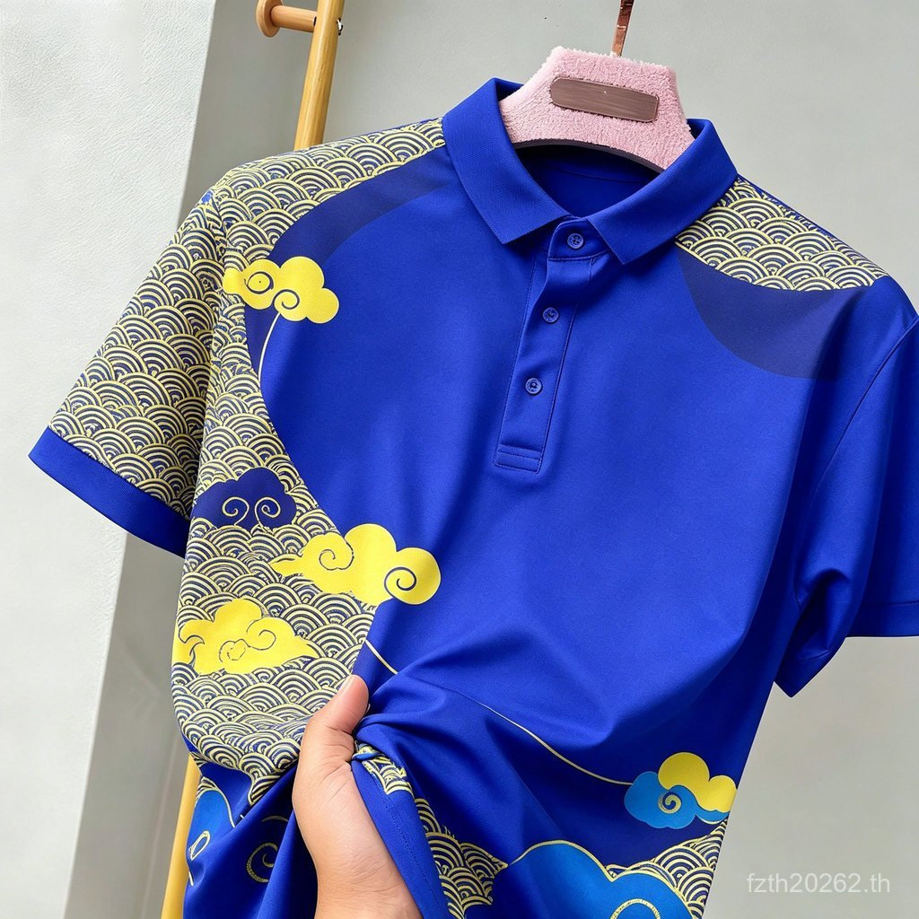 เมฆมงคลพิมพ์แขนสั้นเสื้อโปโล ไม่จํากัดเพศ สไตล์จีนเมฆลายระบายอากาศสบายทุกวัน