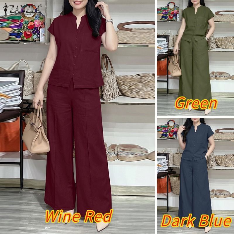 ZANZEA ซานเซีย วันหยุดเกาหลีของผู้หญิงสีทึบยืนปกแขนสั้นหลวมชุดหลวมขากว้าง — صورة 3
