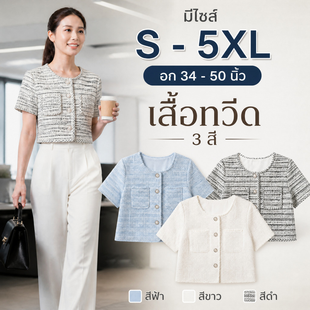 เสื้อครอปทวีดเกาหลี แจ็คเก็ตแขนสั้น S-5XL ผ้าทวีดกระดุมมุกมินิมอล