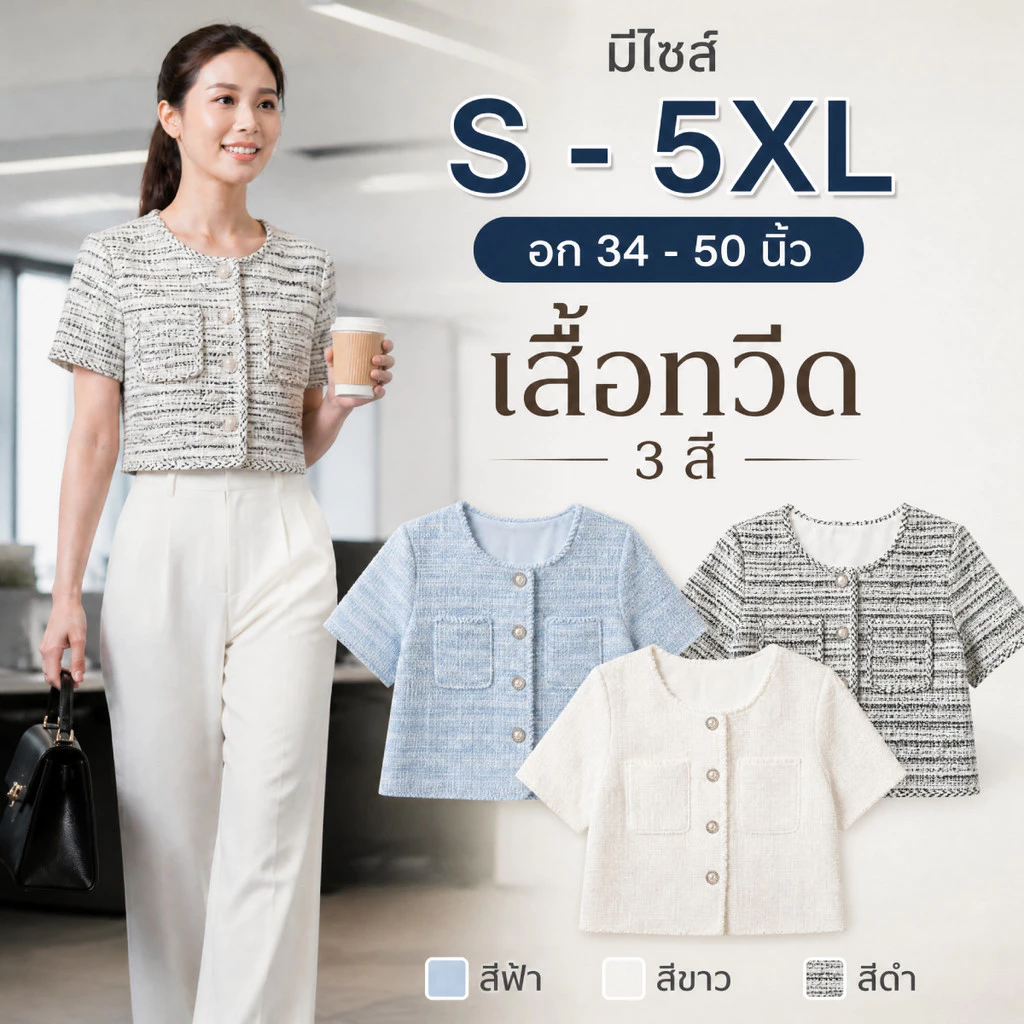 เสื้อครอปทวีดเกาหลี แจ็คเก็ตแขนสั้น S-5XL ผ้าทวีดกระดุมมุกมินิมอล