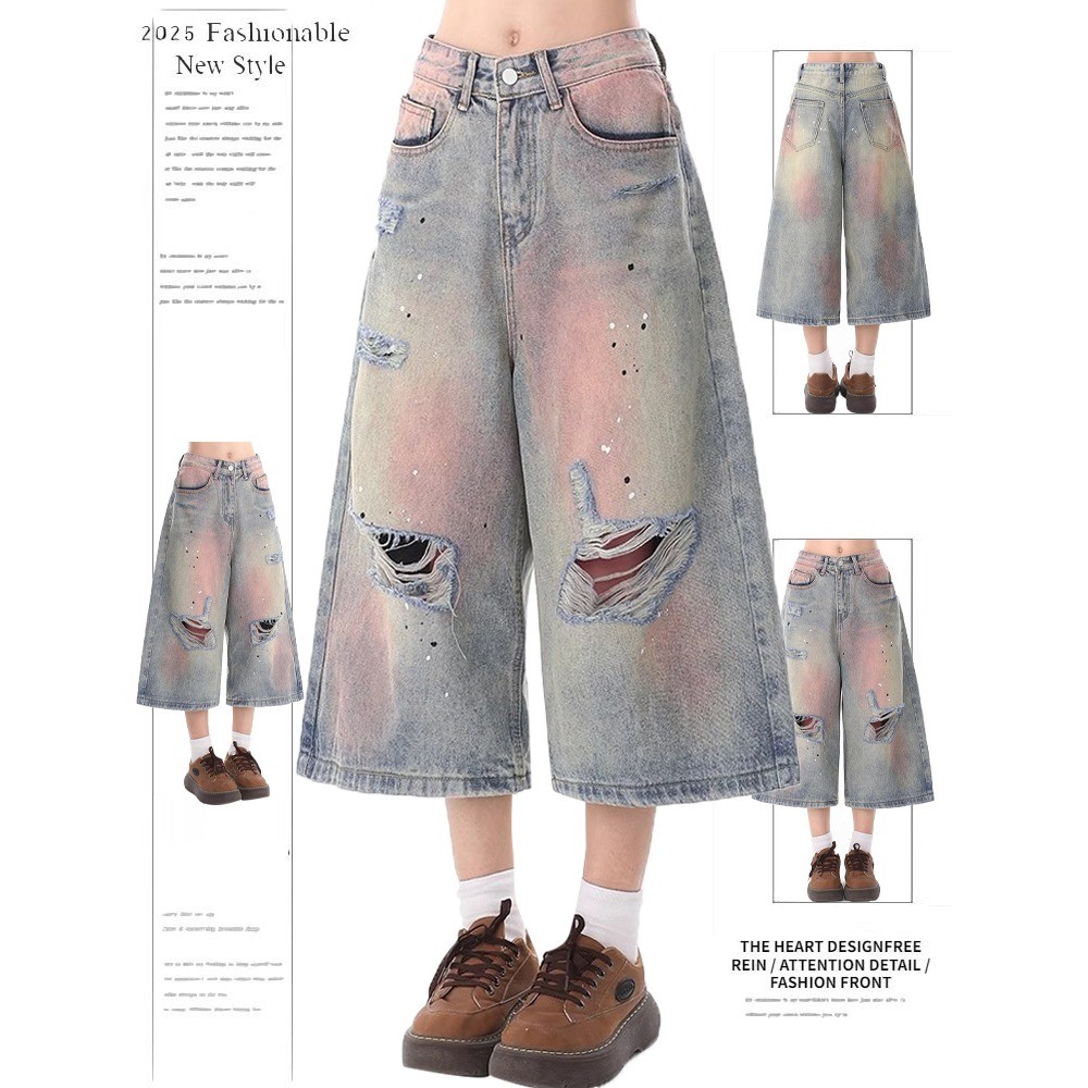 American Retro Ripped Denim Cropped กางเกงผู้หญิงหลวมตรงกางเกงขาสั้นขากว้าง