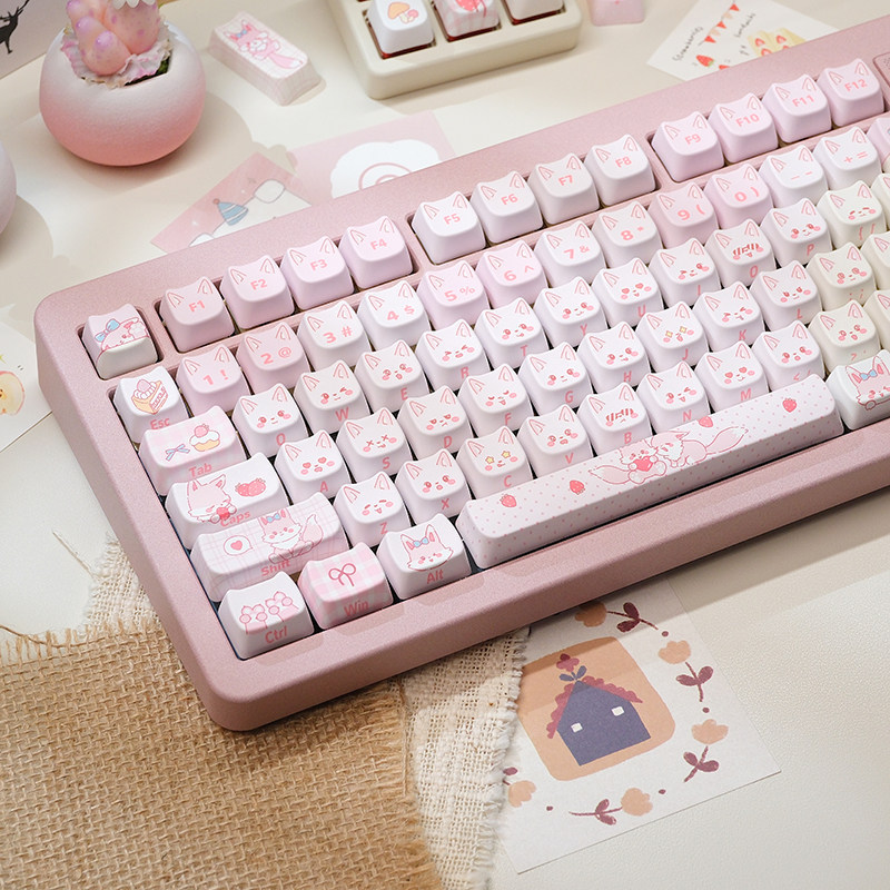 Fox Dessert Keycaps แผงคีย์บอร์ด MAO 120 ปุ่ม สวิตช์ MX PBT พิมพ์ลายสีห้าด้าน คีย์แคปการ์ตูน Aula F7