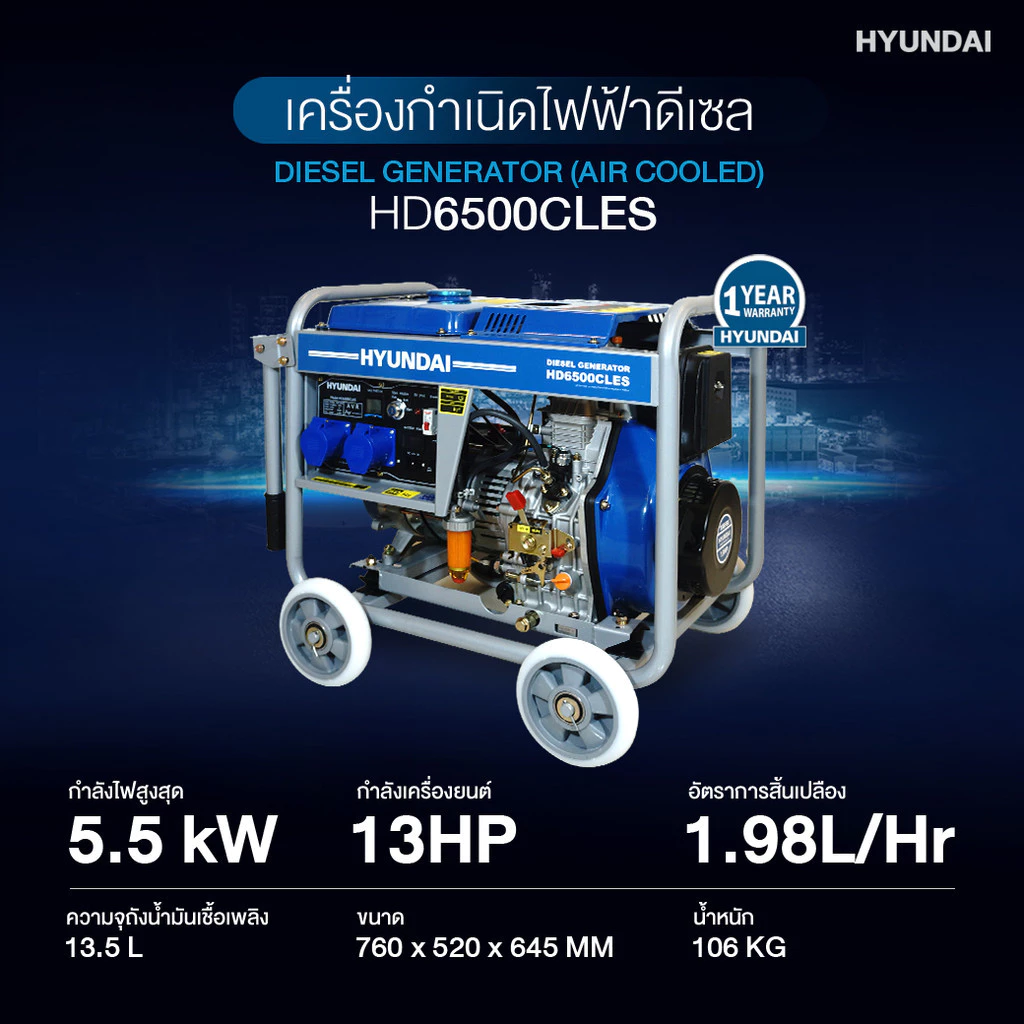 HYUNDAI เครื่องกำเนิดไฟฟ้าดีเซล รุ่น HD-GE-GN-HD6500CLES 5KVA thumbnail 3