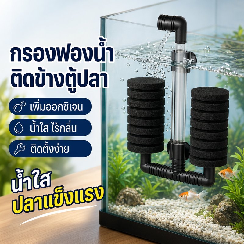 กรองฟองน้ำตู้ปลา กรองตู้ปลา แบบติดข้างตู้ กรองแขวน เพิ่มออกซิเจน ใช้กับปั๊มลม ตู้กุ้ง ตู้ปลา