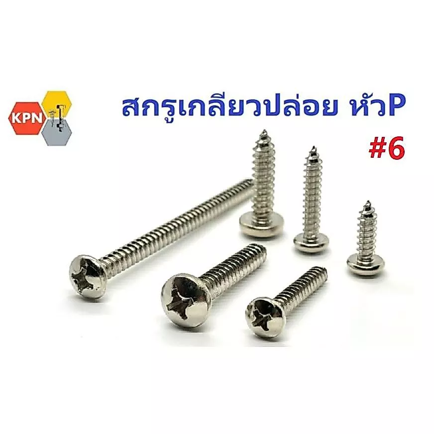 สกรูเกลียวปล่อย หัวกลม แฉก ห้วP #6 ตะปูเกลียว ชุบนิเกิล Self Tapping Screws Pan Head #6 Nickel Plated