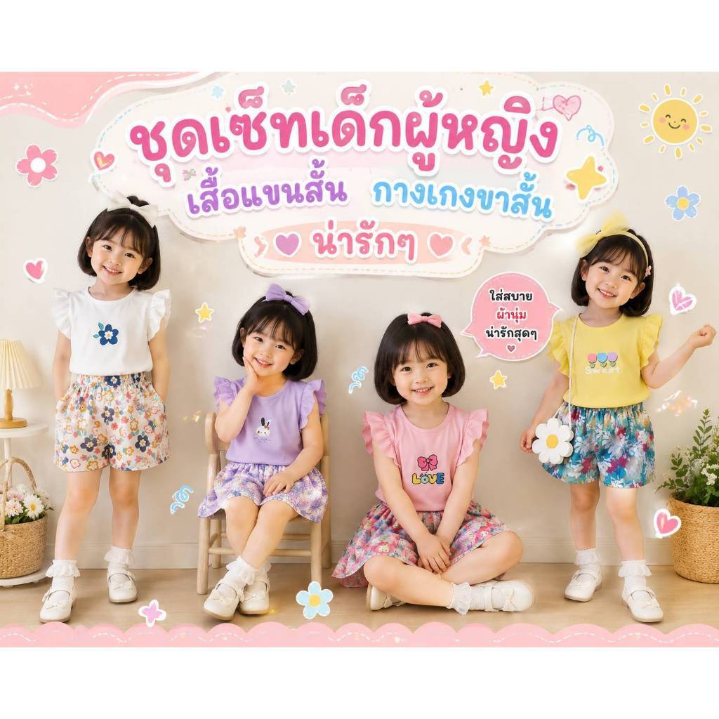 ชุดเสื้อแขนกุด กางเกงขาสั้น น่ารัก สำหรับเด็กหญิง