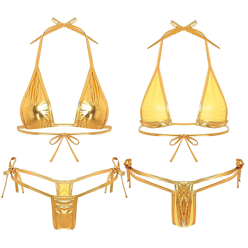 Yhong ชุดว่ายน้ําสตรีสองชิ้นชุดว่ายน้ําเมทัลลิก Halter String ชุดบิกินี่สามเหลี่ยม