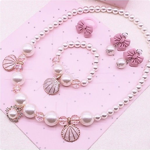 ชุดสร้อยคอและสร้อยข้อมือเปลือกหอยมุก 5 ชิ้น โบว์เจ้าหญิง สีชมพู สําหรับเด็ก