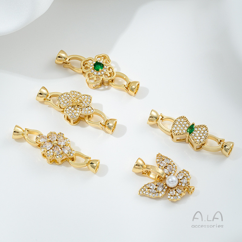 Micro-Inlaid Zircon 14K Gold-Wraped Color Retention Flower-Shaped Bow Tie Pearl Buckle diy สร้อยข้อม