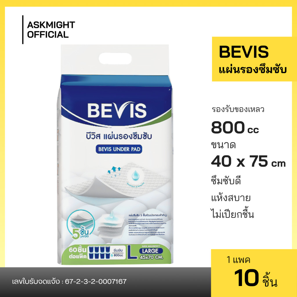 แผ่นรองซึมซับ Bevis รองรับของเหลว 800 cc ห่อละ 10 ชิ้น พร้อมส่ง ป้องกันการเปรอะเปื้อน แผ่นพลาสติกป้องกันของเหลวไหล
