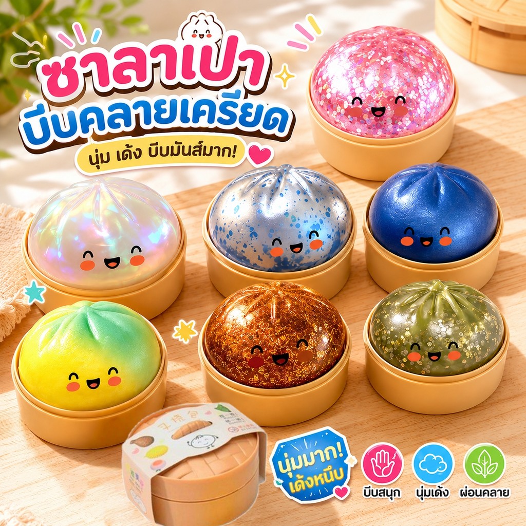 🚚COD🚚สกุชชี่ ของเล่นคลายเครียดทรงซาลาเปาสีสันสดใส ลูกบอลนุ่มเด้งช้า แถมเข่งนึ่ง คลายเครียด