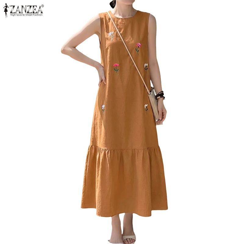 ZANZEA ชุดเดรส H-Line สําหรับผู้หญิงแฟชั่นเกาหลีลําลองทอปักแขนกุดลายดอกไม้ — صورة 4