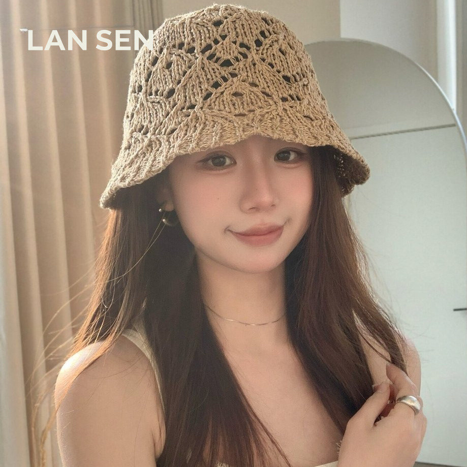 LANSEN 2026 สไตล์ใหม่ถักหมวกผู้หญิงฤดูร้อนสไตล์อ่อนโยน Hollow Breathable Face-ดูขนาดเล็กครีมกันแดดหมวกบังแดดหมวกถัง