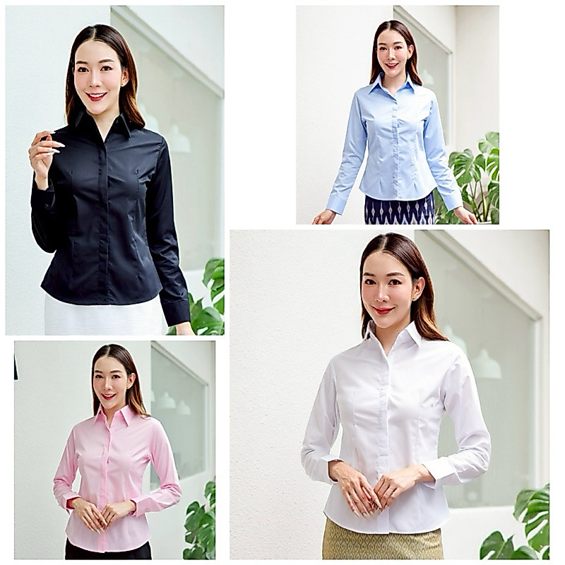👚เสื้อเชิ้ตผู้หญิงแขนยาว เข้ารูป (ผ้าปีเก้)ผ้านุ่มใส่สบายใส่ทำงาน ใส่สมัครงาน ใส่เที่ยวได้ มี S-4XL (ซ่อนกระดุม)