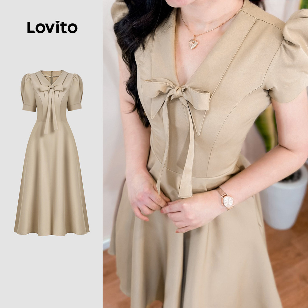 Lovito ชุดเดรสนักพักผ่อนแนวสบายๆ โบว์ประดับ ฤดูใบไม้ผลิ/ฤดูร้อน สีอ๊อฟไวท์สำหรับผู้หญิง L149ED1223