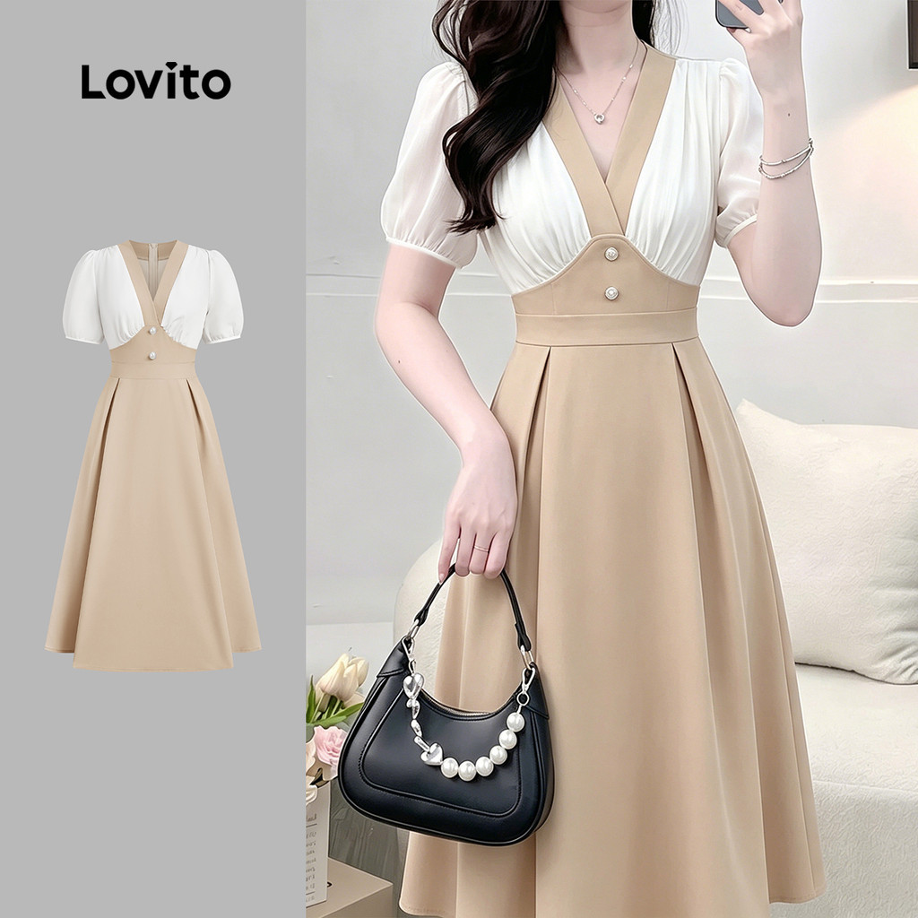 Lovito เดรสผ้าสตรีทรงสง่างาม ดีไซน์การตัดเย็บ ผ้าคาคีสําหรับฤดูใบไม้ผลิ/ฤดูร้อน LK6ED222
