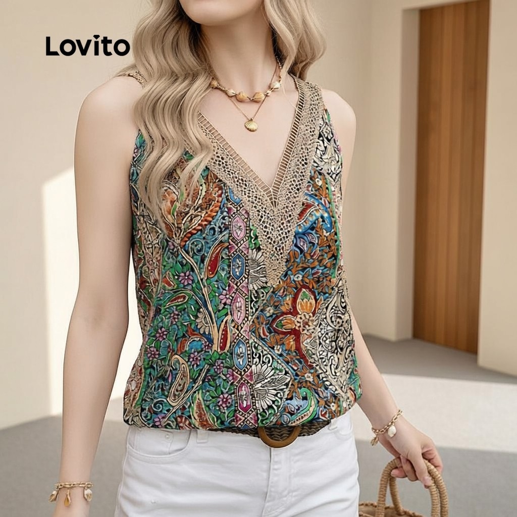 Lovito โบโฮ เสื้อสายเดี่ยวผู้หญิง สไตล์สปริงซัมเมอร์ LNE117X005