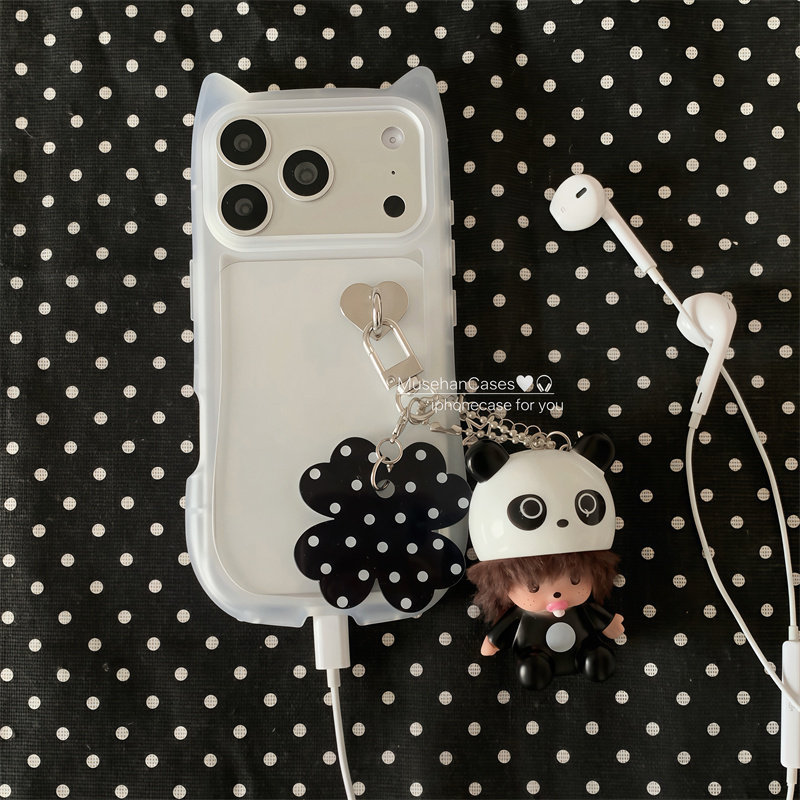 สไตล์เกาหลี ins ความรู้สึกโบราณหูแมวเคสใสโคลเวอร์สี่ใบการ์ตูนตุ๊กตาจี้เหมาะสําหรับ Apple 17ProMax เคสโทรศัพท์ iPhone16 นุ่ม 15Promax คู่ 14/13 กรณี
