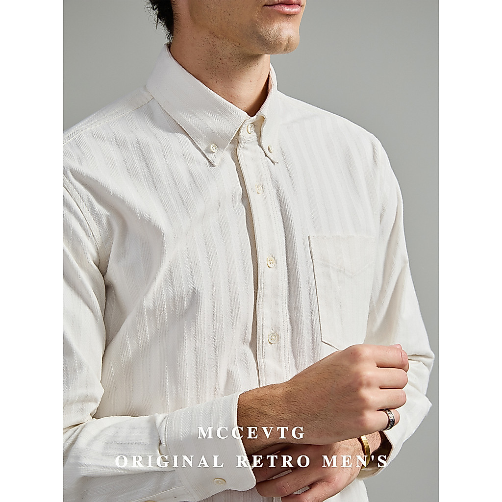 MCCEVTG Heavy สีทึบ Jacquard Retro เสื้อเชิ้ตสีขาวผู้ชายแขนยาว Ami สีกากี rrl อเมริกันปุ่มเสื้อคอปก