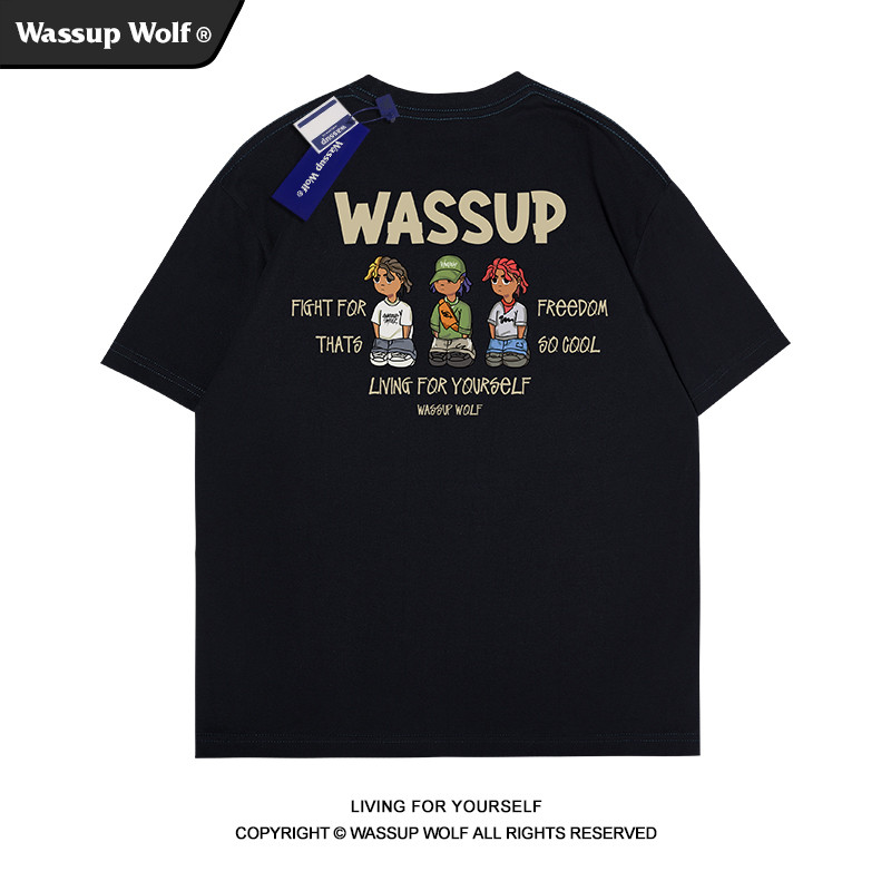 Wassup Wolf การ์ตูนอเมริกันพิมพ์เสื้อยืดแขนสั้นหนักผู้ชาย Street Wear Retro ฤดูร้อนคู่ลําลองด้านบน